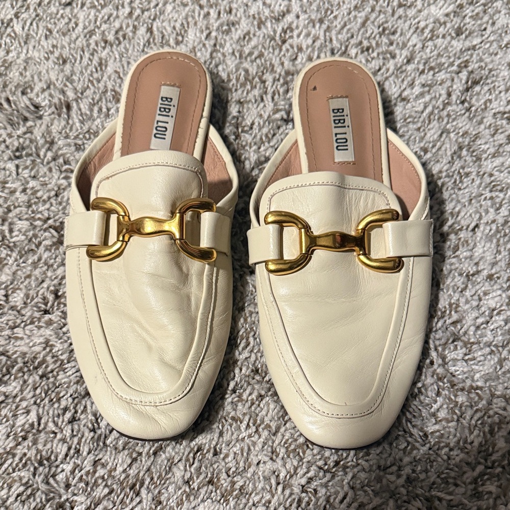Anthropologie Bibi Lou Slip-On Cream Loafer Mules